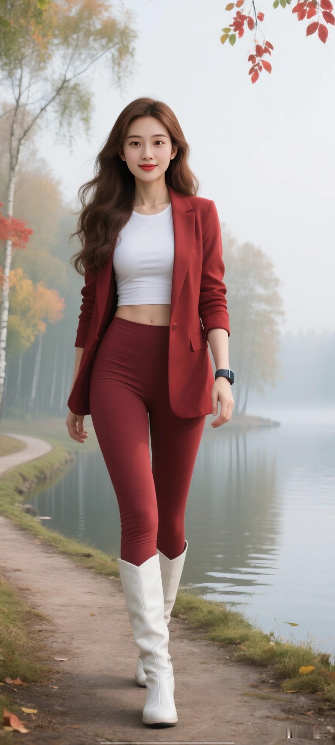 秋日漫步，红衣少女与湖畔的浪漫邂逅