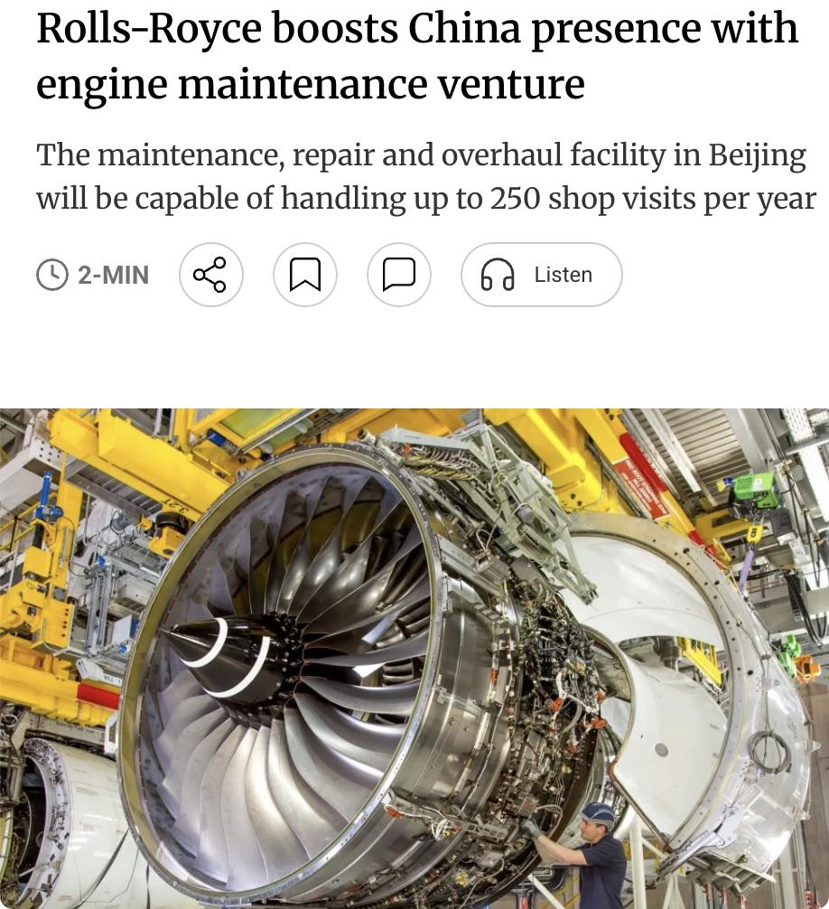 外媒：英国工业巨头罗尔斯-罗伊斯（Rolls-Royce）通过与中国国航成立的合