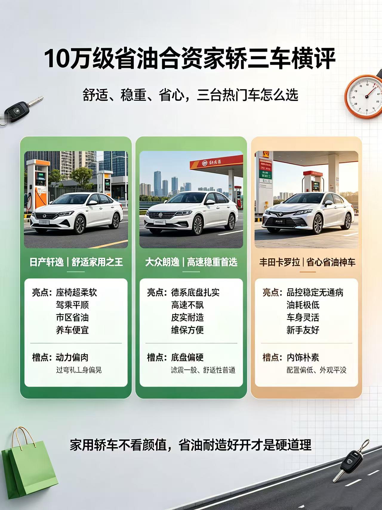 我换全新不重复选题！做10万级省油耐用家用轿车，三车选日产轩逸、大众朗逸、丰田卡罗拉，主打合资省油、