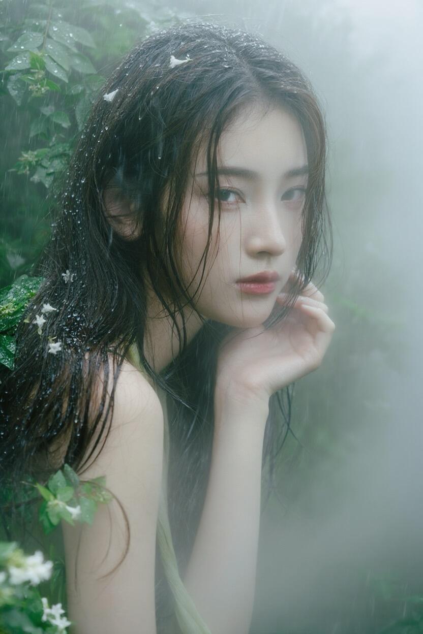 画面里，人物闭着双眼，双手捧着一串青葡萄，似在轻嗅葡萄的清香。雨天的雾气为画面增