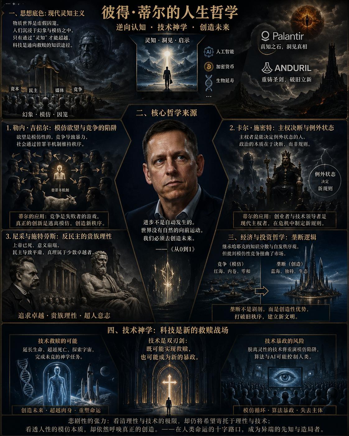 《彼得蒂尔的人生哲学》彼得·蒂尔的哲学是一套以"逆向认知"为核心的现代灵知主义体