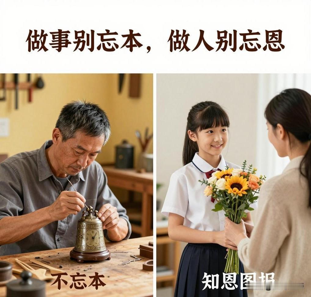 人这一辈子，无论走得多远、站得多高，都要守住两个底线：做人不忘本，做事不忘恩。