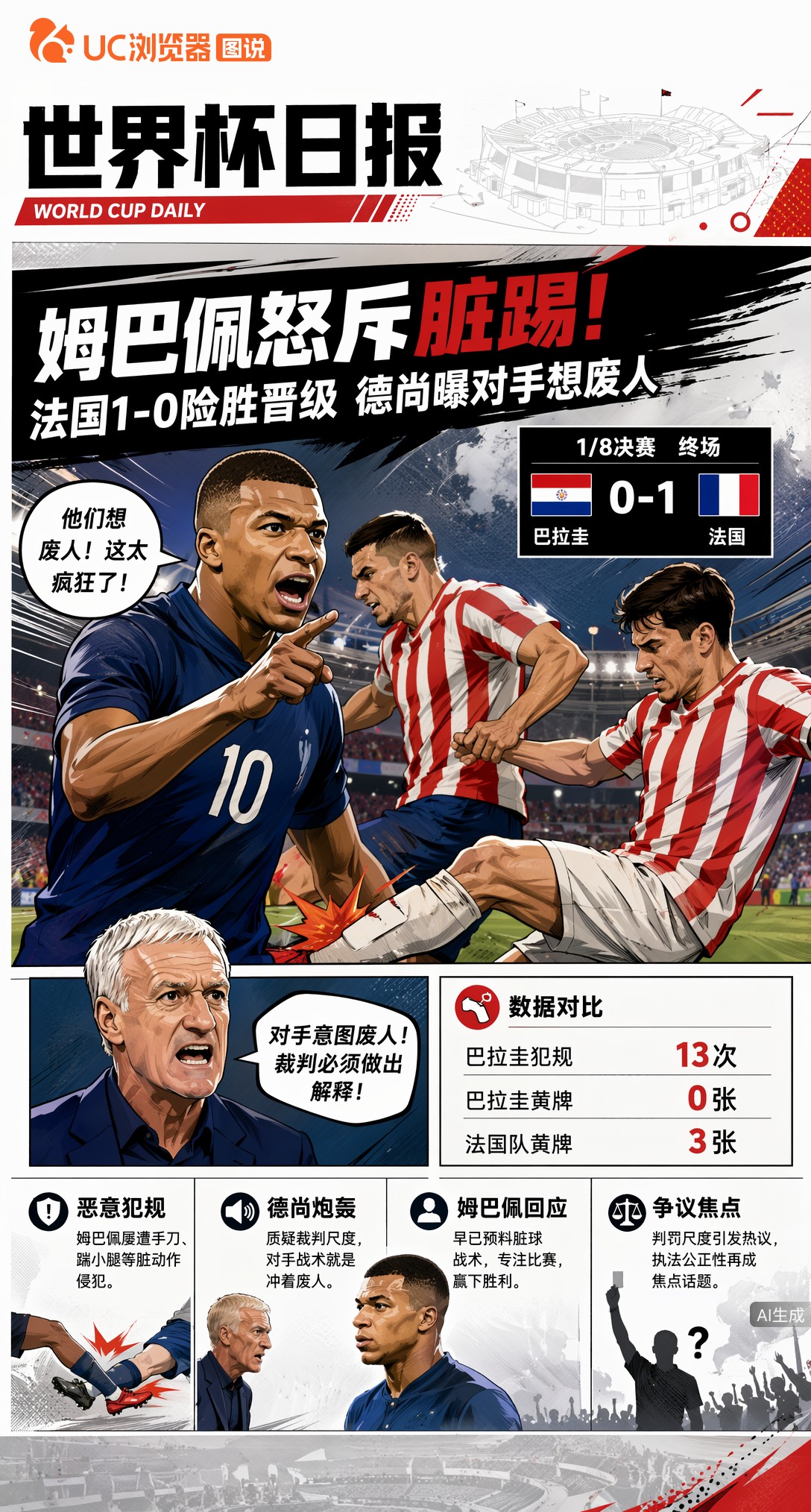 姆巴佩怒斥脏踢！法国1-0险胜晋级，德尚曝对手想废人