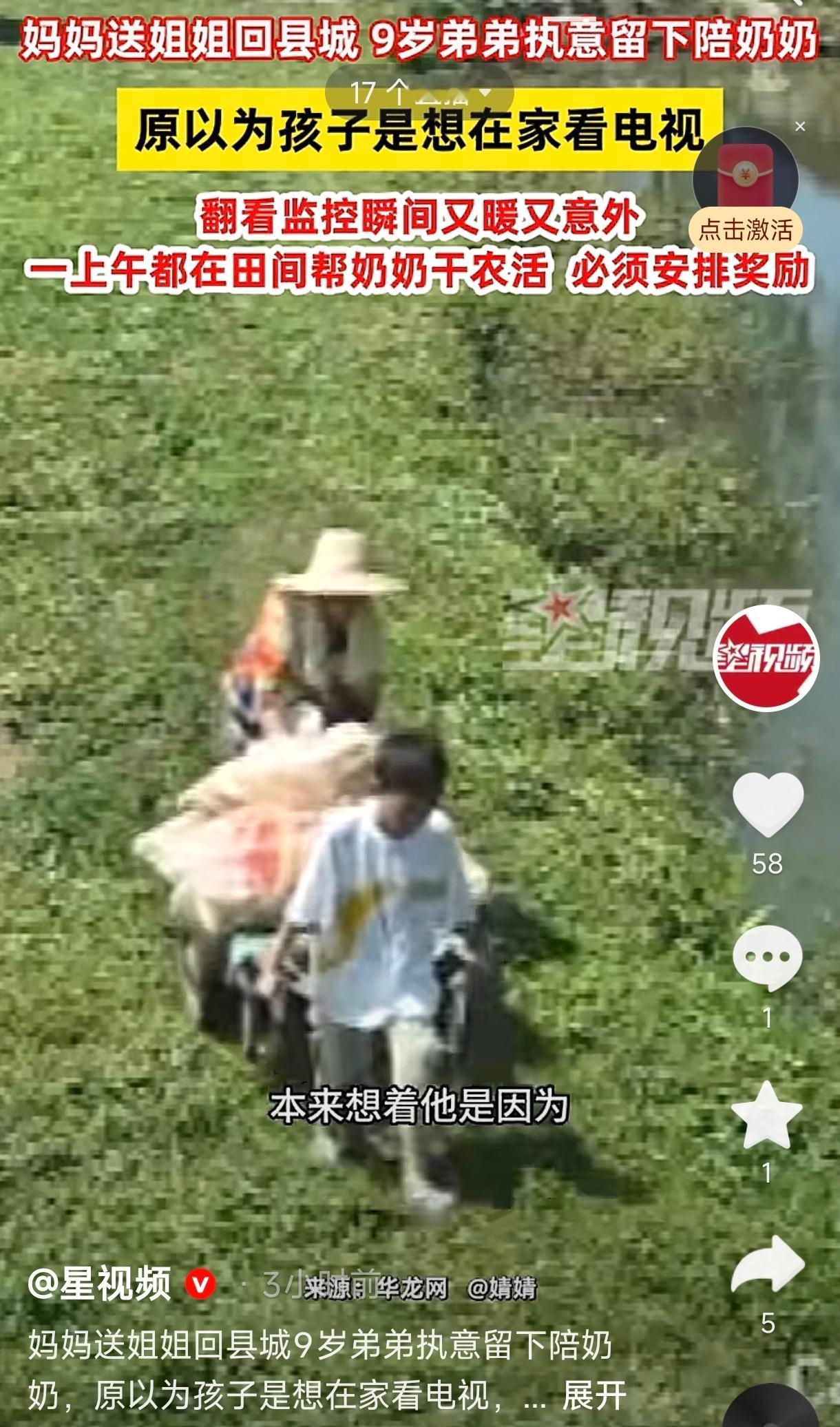 湖北武汉，妈妈送姐姐回县城上课，9岁的小男孩却执意不肯跟着走，坚持留在乡下陪奶奶
