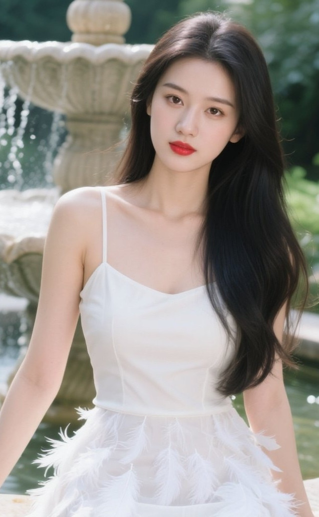 美眉轻撩池中水，清纯动人似初莲