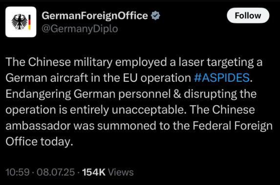 德国外交部跑外网造谣“被中国军方欺负”，结果遭遇全球网民嘲讽：自己干坏事还倒打一