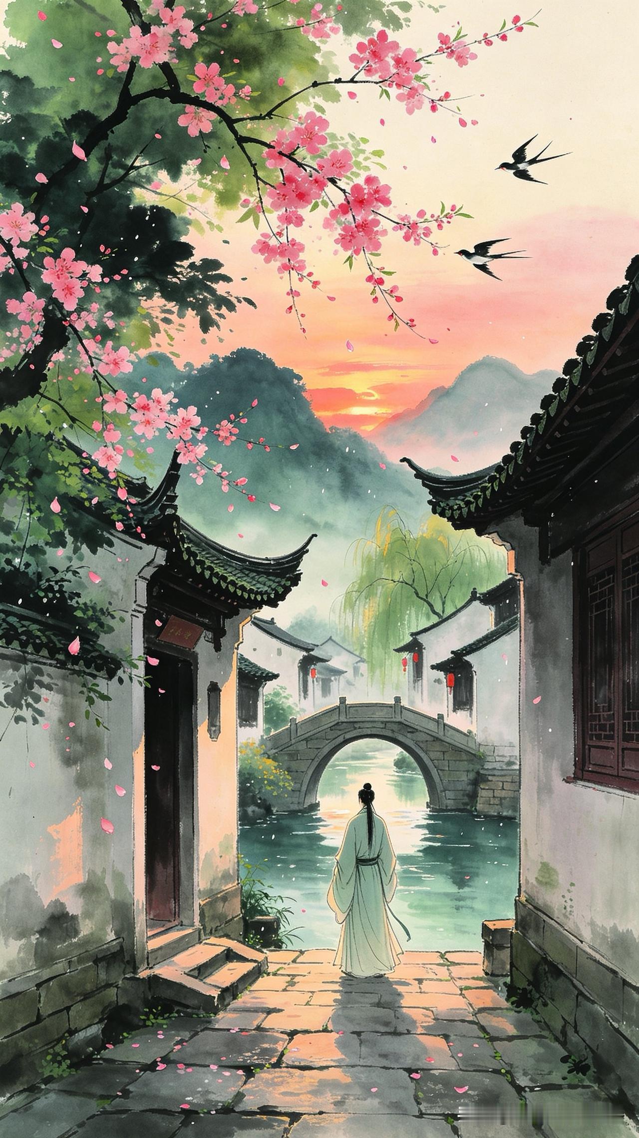 烟雨江南暮色迟，黛瓦青墙入画时。归燕不嫌春巷老，…………请
