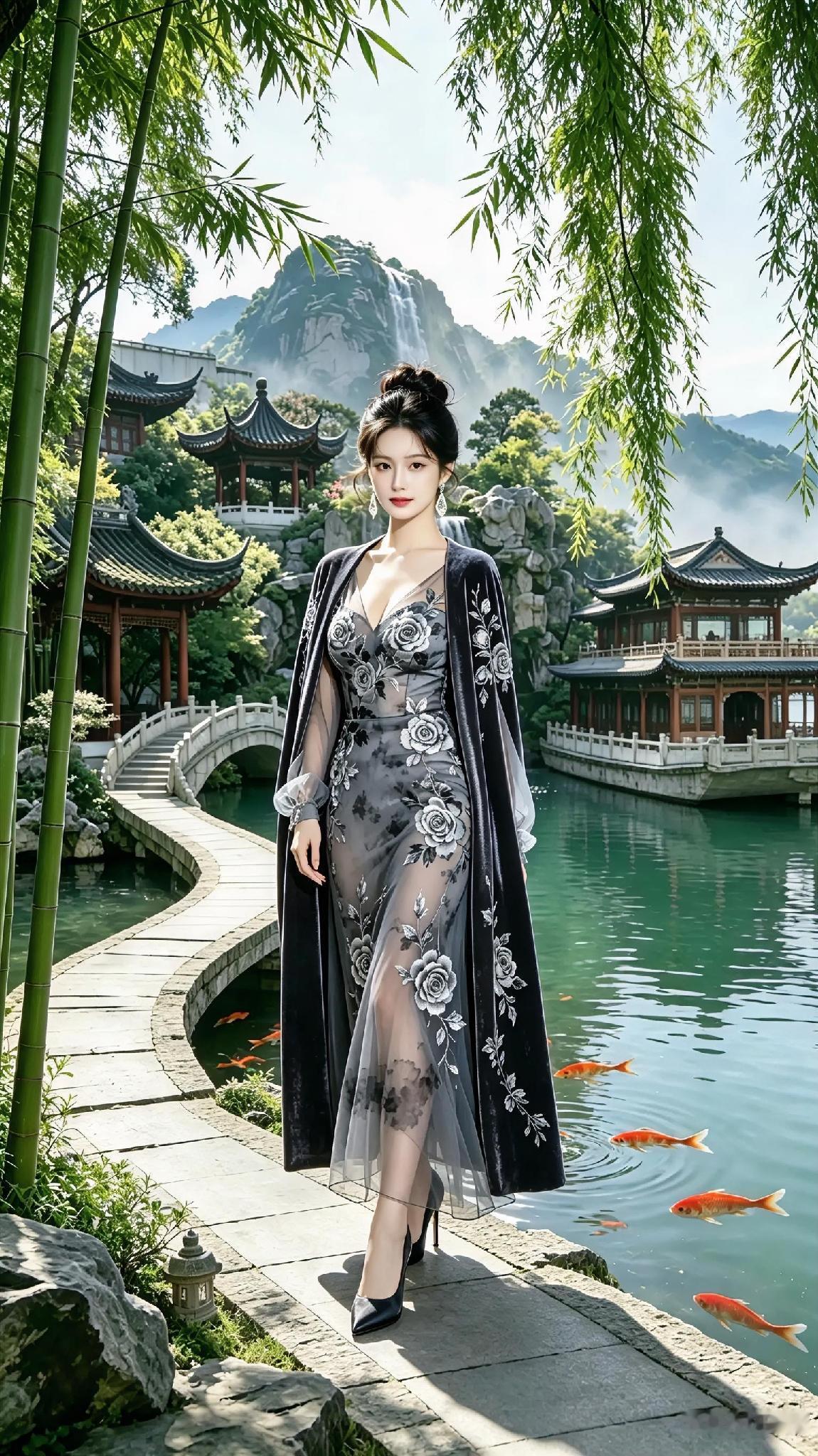 她穿着古风长裙，站在美丽园林里。古典温婉美人古典汉服美人湖边汉服美人