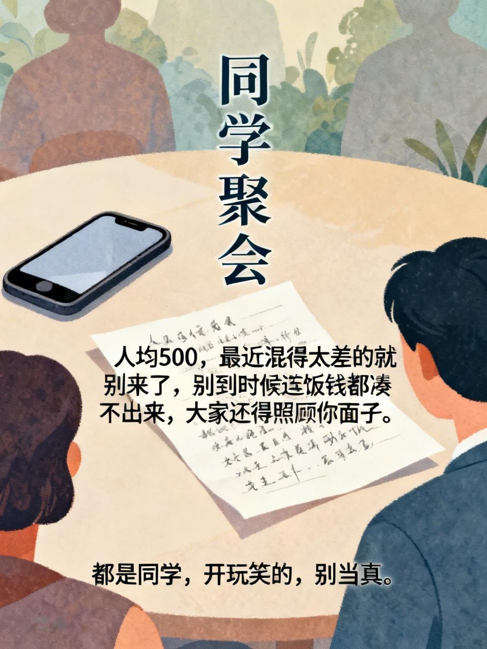 同学聚会，本来不想去。直到群里有人发了一句话：“人均500，最近混得太差的就别来