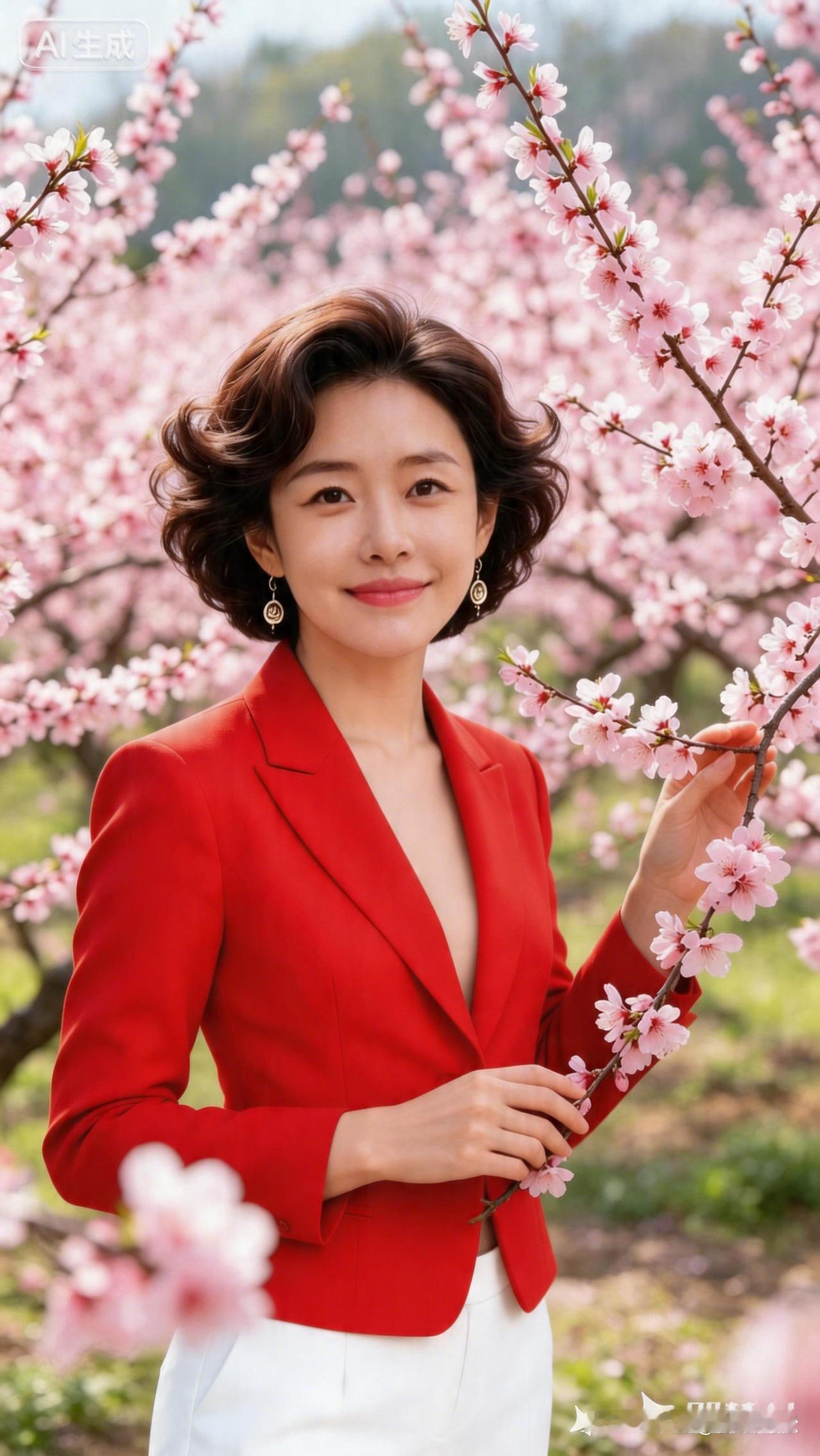 春日盛开，红衣美人与樱花相映成趣！