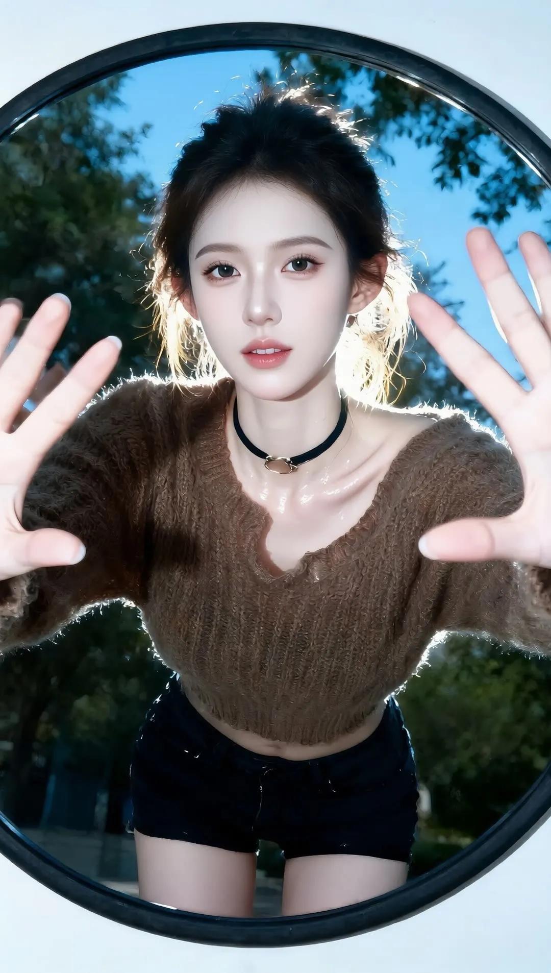 这位美女在户外对着镜子摆姿势。街拍高清美女