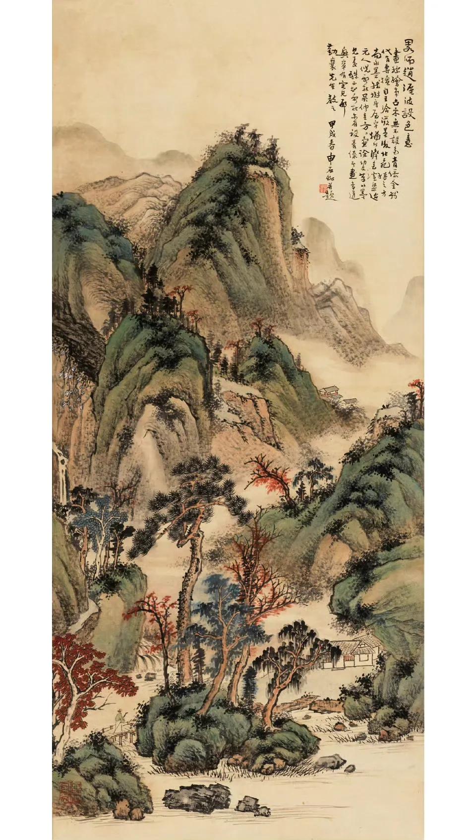 墨色晕染开一片烟岚，几椽茅屋隐在松涛里，半露的柴门像在等归人——申石伽这幅《山居