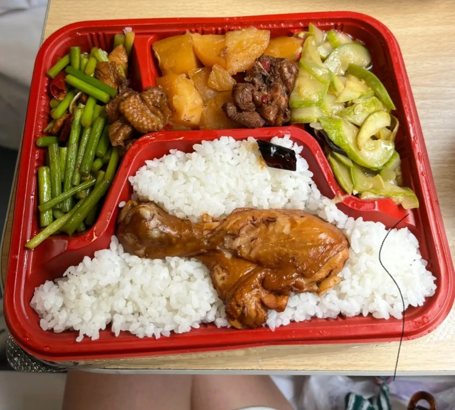 老家的一个表哥去世了，我和老公赶紧坐火车回去参加他的葬礼，在火车上吃了这个盒饭，