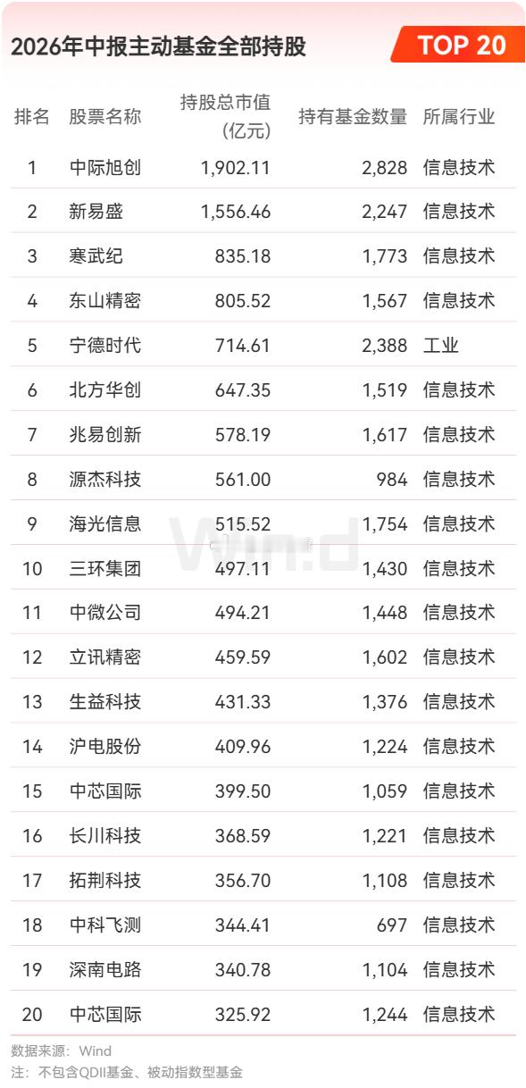 基金中报出来，显示主动基金基本全部集中于科技股抱团，前20大你都见不到任何一个传