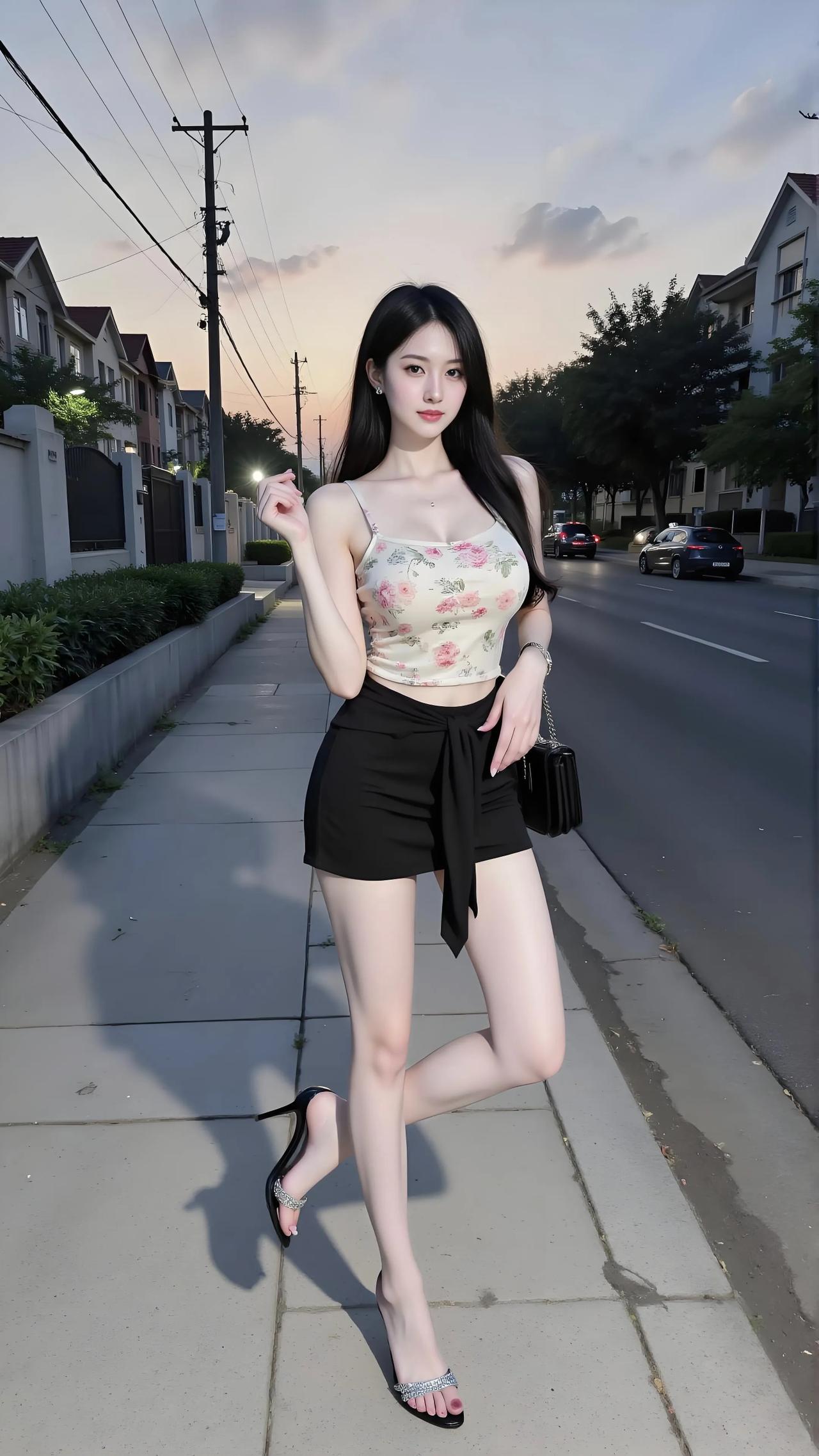 晚风轻拂过街角，她伫立在余晖里，碎花吊带将柔美与性感巧妙融合，腰间随意系着的丝巾