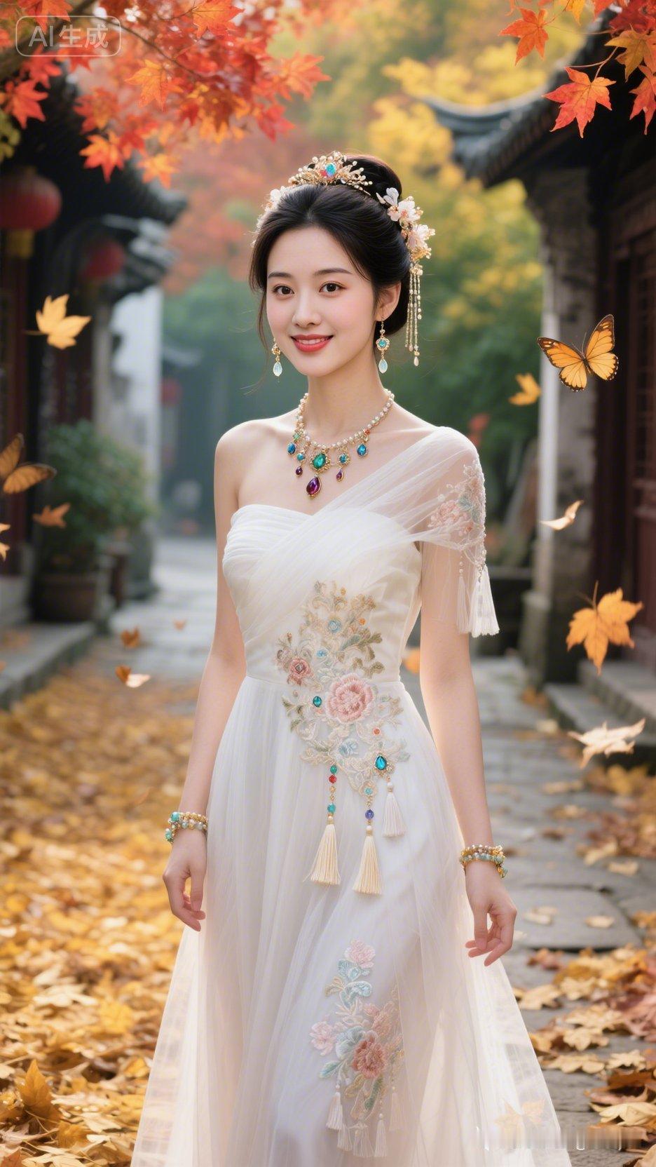 可爱古风绝色少女，公主发饰华贵，着白真丝露肩礼服，欧根纱刺绣缀流苏，珠宝配饰精致