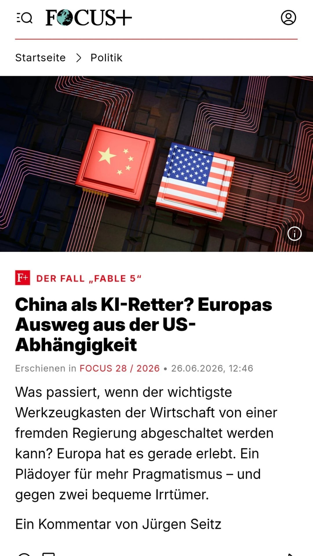 德国媒体呼吁欧洲用中国开源大模型确有此事。而且不是普通媒体，是影响力很大的Foc