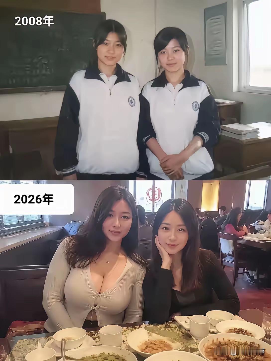 这两个女子，应该是资深美女，在学生时代，长得就非常漂亮，18年之后的她们，气质却