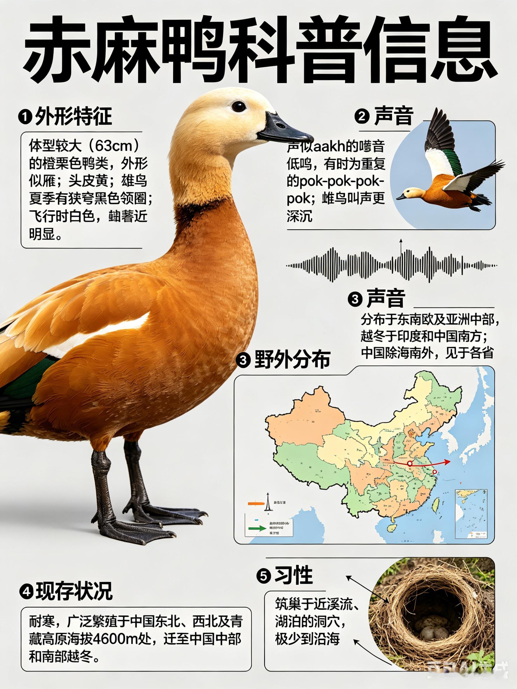 鸟类朋友图鉴赤麻鸭·科属：雁形目，鸭科。·外形特征：体型较大（63cm）的橙栗