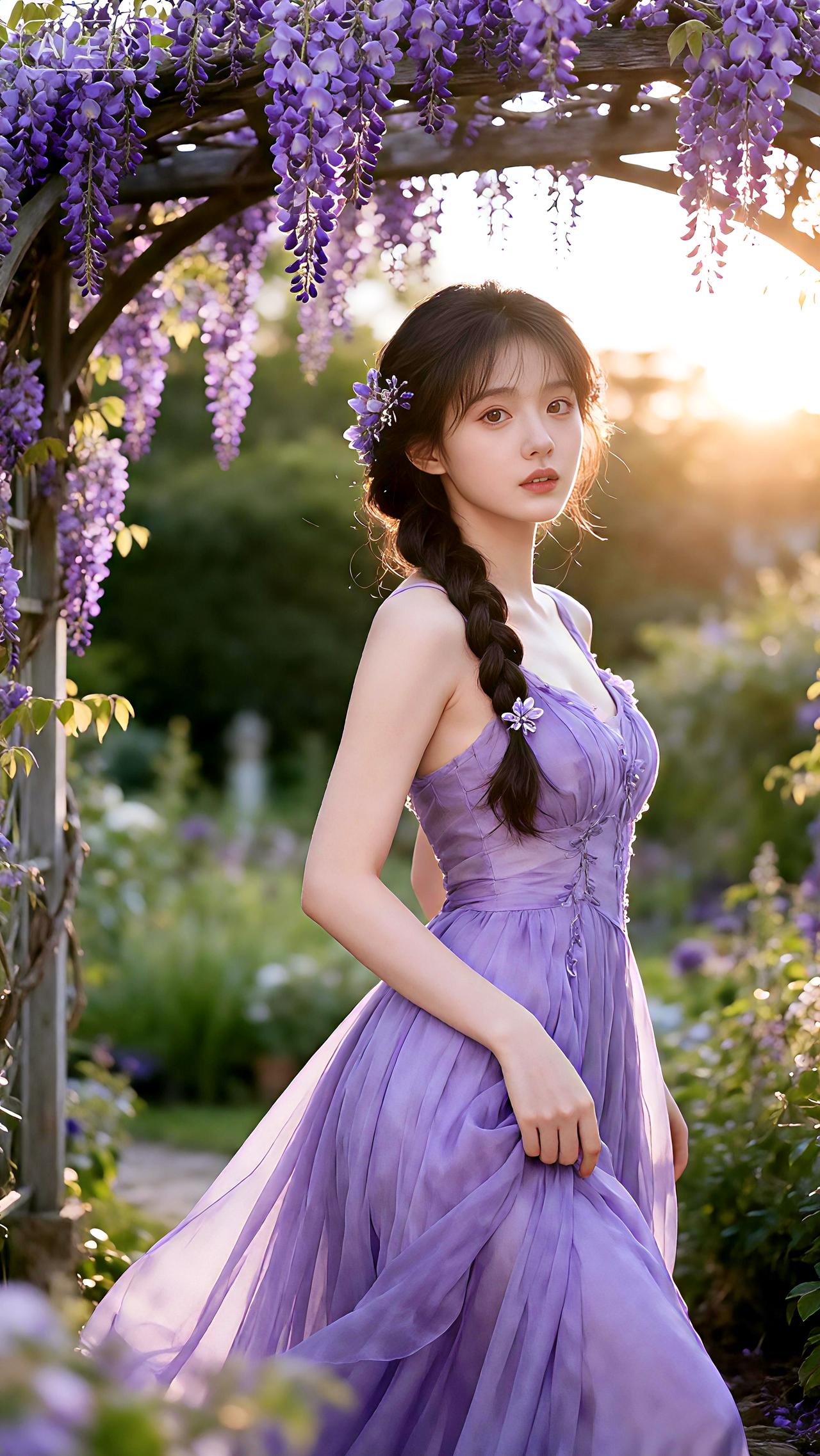 春日生活打卡季紫藤垂落的午后，她的裙角沾着花香，和光影捉迷藏。豆包壁纸写真
