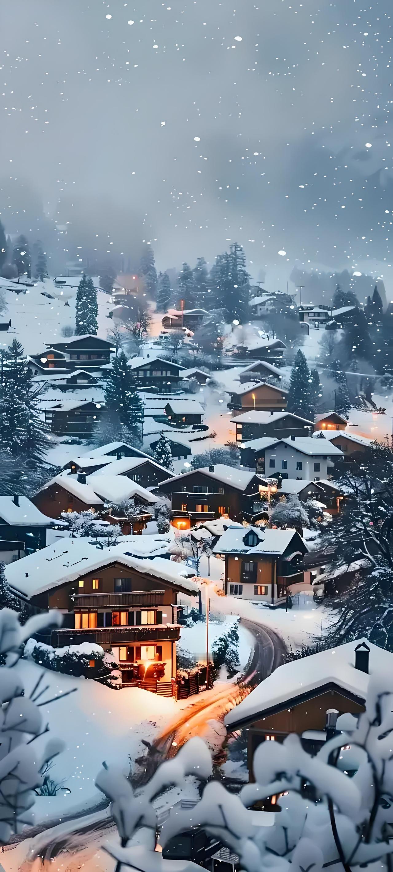 冬日夜来早，小镇白里红。