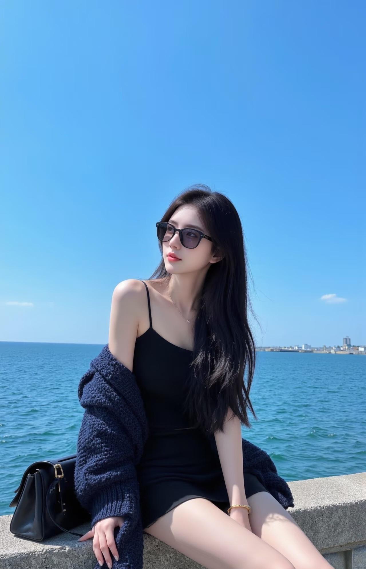 海边美女戴着墨镜，好酷！