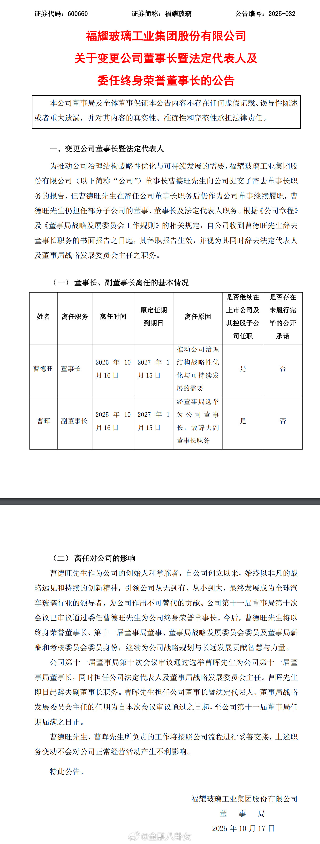 曹德旺，辞去福耀玻璃董事长职务[并不简单]曹德旺辞去福耀玻璃董事长职务​​​