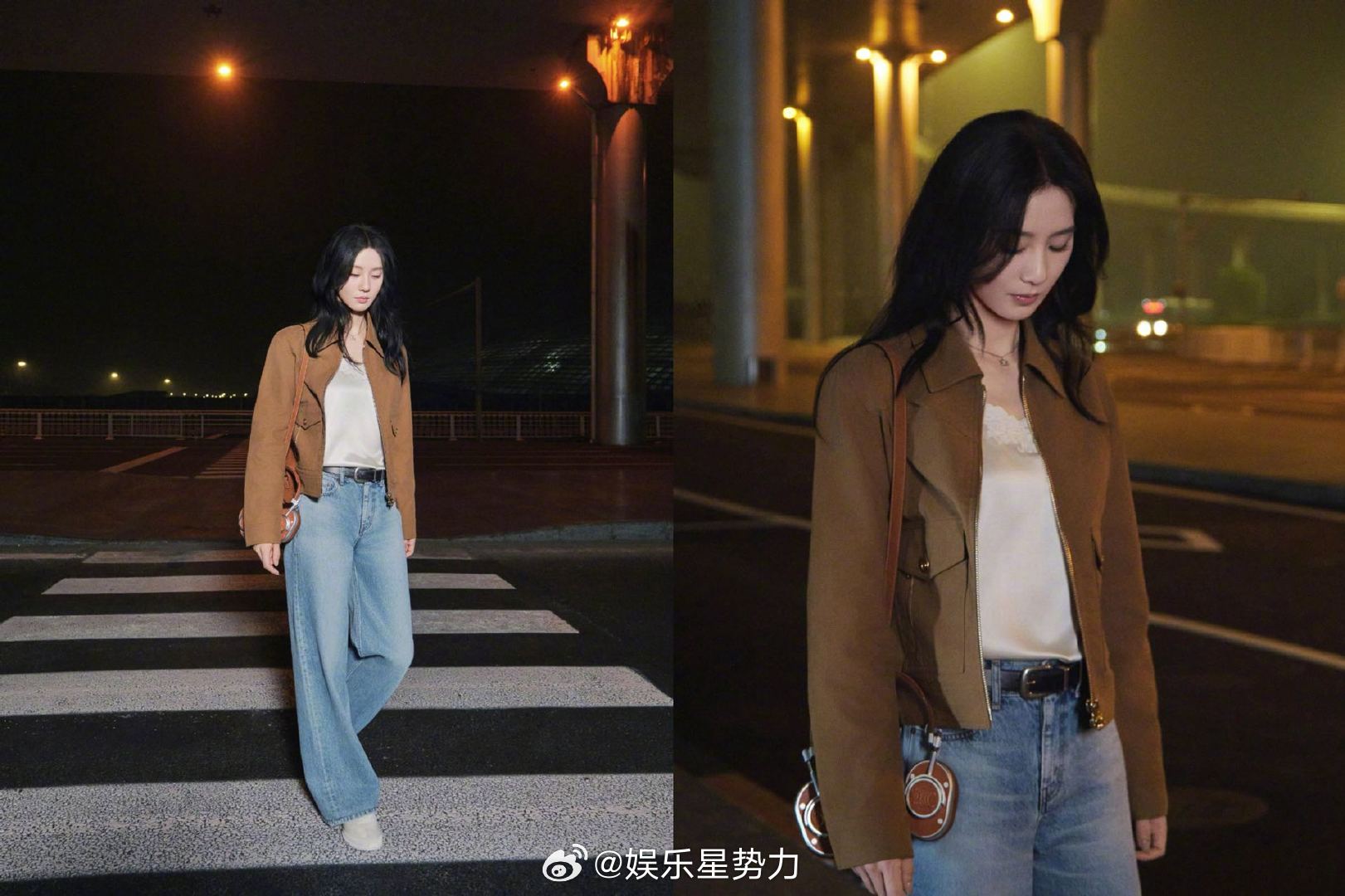 刘诗诗启程时装周在城市夜色的背景板下，开启时装周新旅程，利落短夹克配慵懒阔腿裤