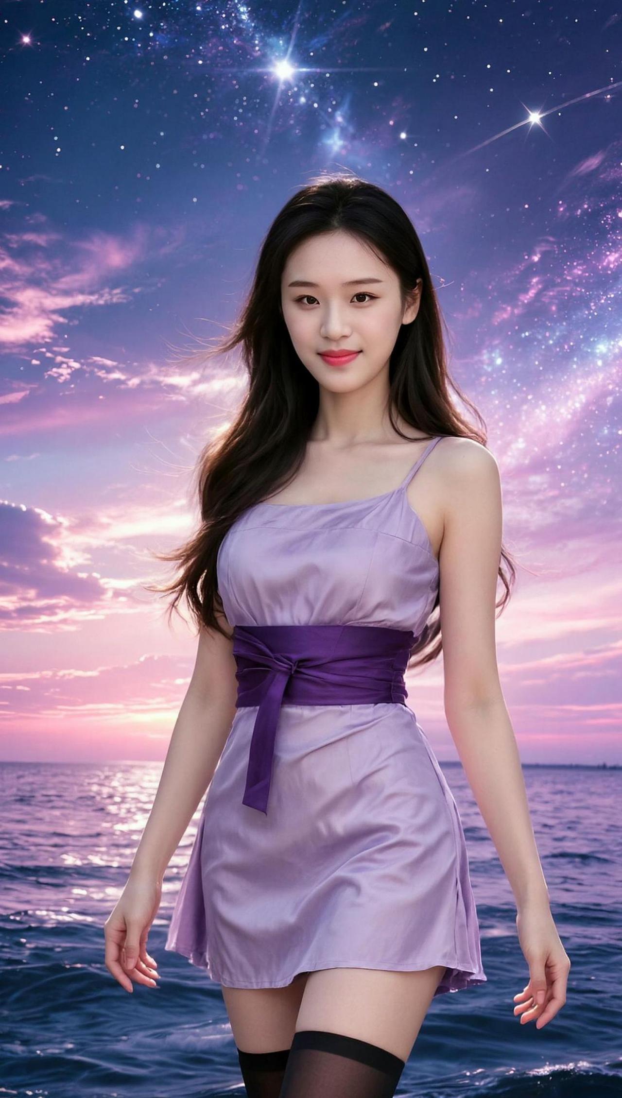 梦幻的紫色晚霞下，她仿佛从童话中走出，裙摆随风轻扬，像是捕捉了整片天空的浪漫。背