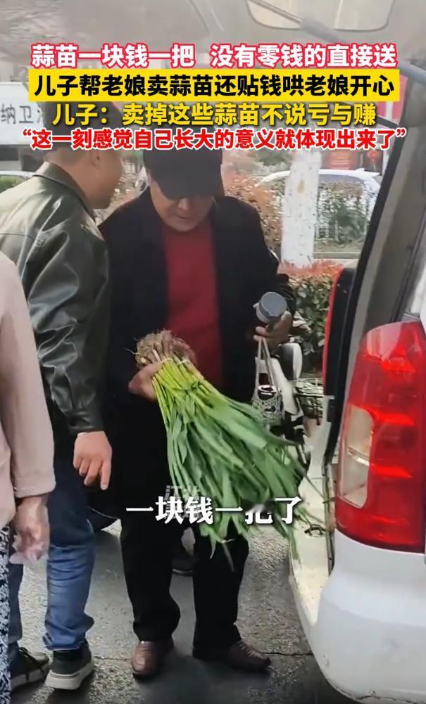 安徽蚌埠，一位老人种了蒜苗却卖不出去，儿子看老娘发愁，就直接拉着蒜苗到城里去卖，