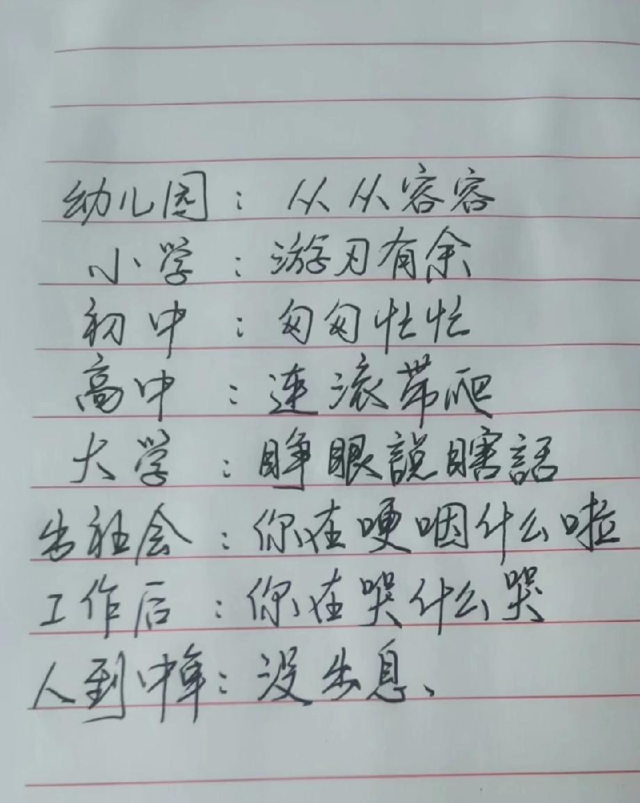 这张人生阶段总结太狠了！幼儿园从容到中年没出息，你现在卡在哪个词上？