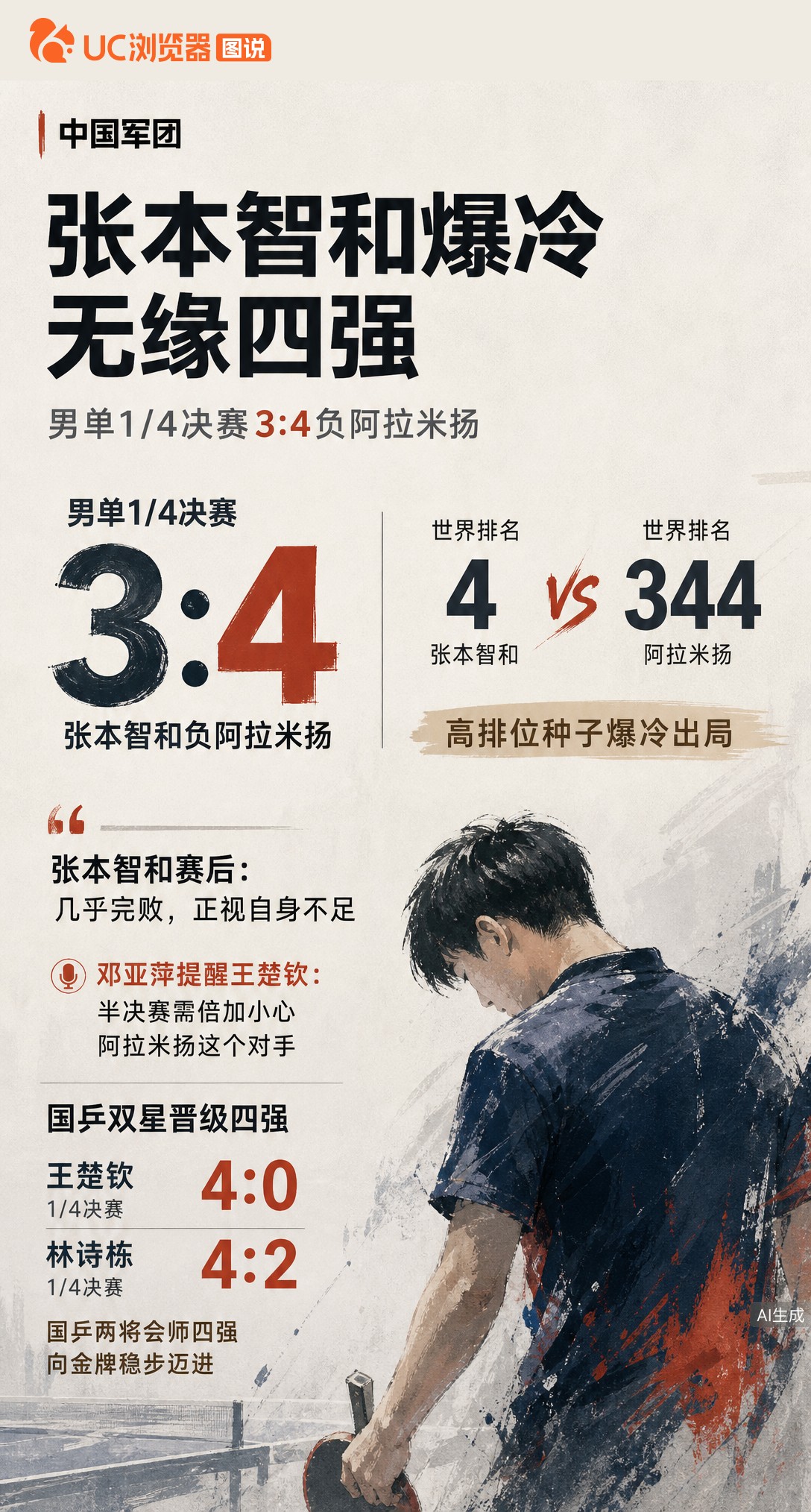 世界第4张本智和3-4爆冷不敌排名第344位的伊朗选手，止步亚运男单八强。王楚钦、林诗栋双双晋级四强
