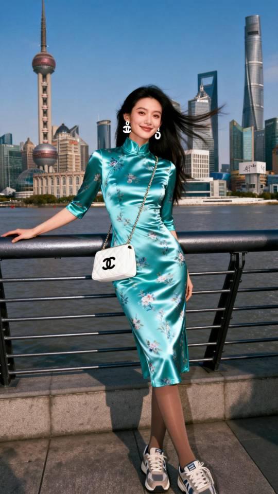 记录我的2026身穿蓝色旗袍裙的女子上海留影。旗袍旗袍美女高雅气质美女