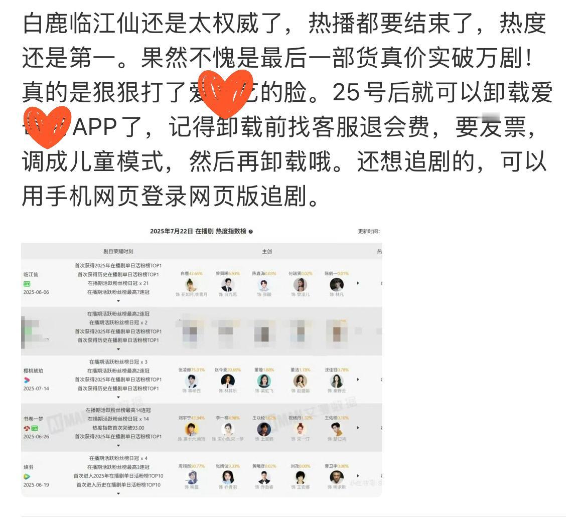 7月24日，白鹿有粉丝在号召《临江仙》剧粉卸载🥝，还让人打客服电话退会员，见过