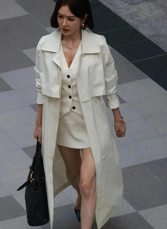 秦岚身穿白色套装裙叠加风衣外套，真时尚显气质啊
