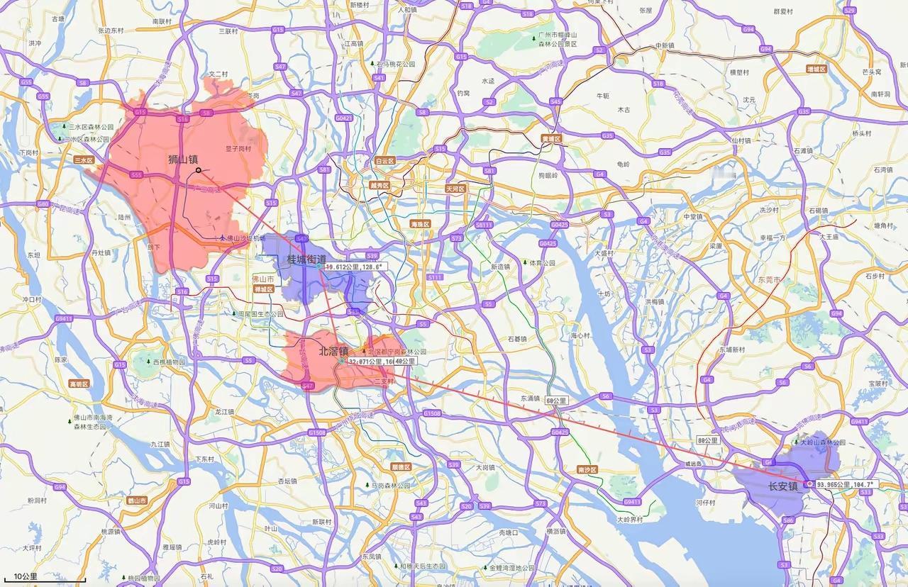 广东四个千亿镇分布图，分别是南海狮山、南海桂城、顺德北滘、东莞长安，佛山还是强，