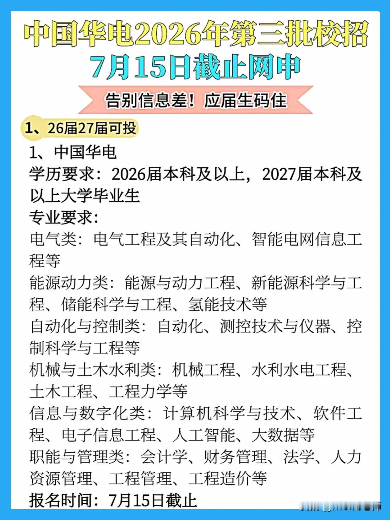 同学们，中国华电2026年第三批校招已经启动，7月15日网申截止，这个时间节点真