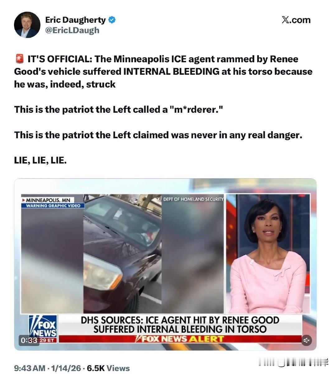 官方确认：在明尼阿波利斯被ReneeGood的车辆撞击的ICE探员确实