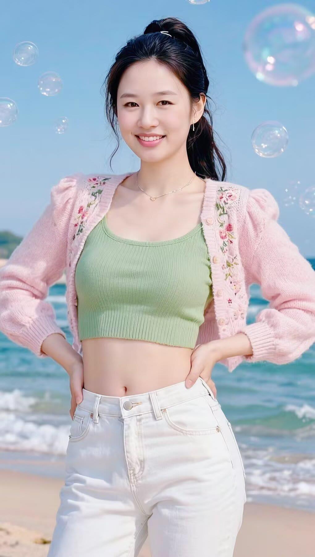 海边少女，微笑面对阳光，粉色毛衣与海浪相映成趣。