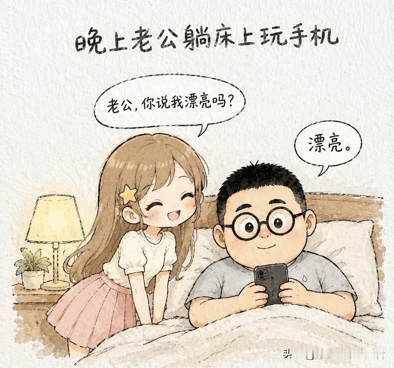 趣味漫画：晚上老公躺床上玩手机，老婆凑过来：“老公，你说我漂亮吗？”老公：“漂亮