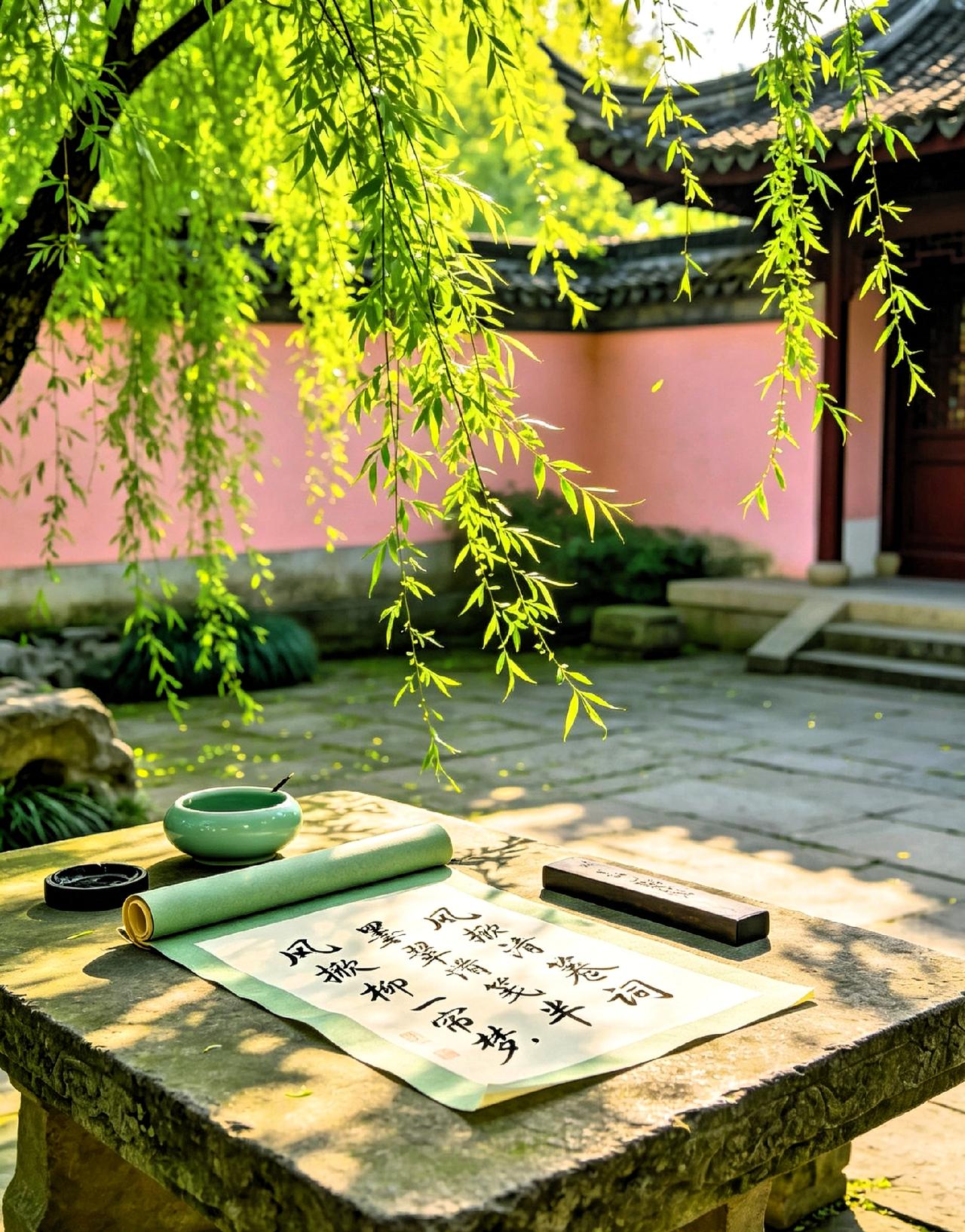 上联：风掀翠柳一帘梦，下联：墨染清笺半卷词。解析：上联以风拂翠柳起兴，绘出春