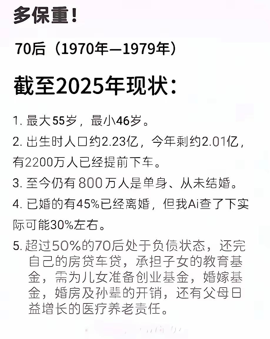 70后这代人，活得像被推着走的陀螺。最新数据扎心了：10%的人已经“下车”