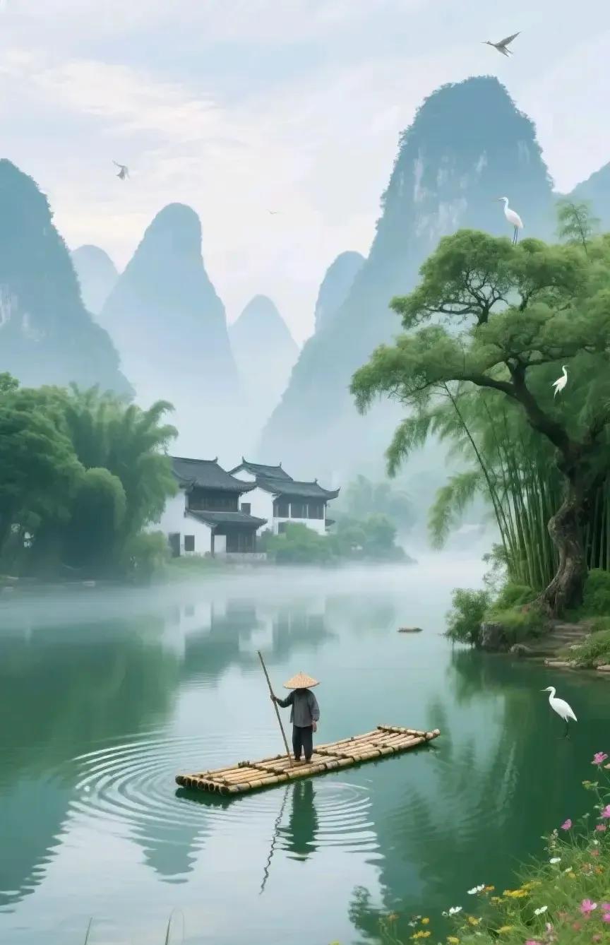 #原创诗景图分享#《五律·漓江晨渡》/马进鹏青山列画屏，雾锁碧波宁。竹筏随
