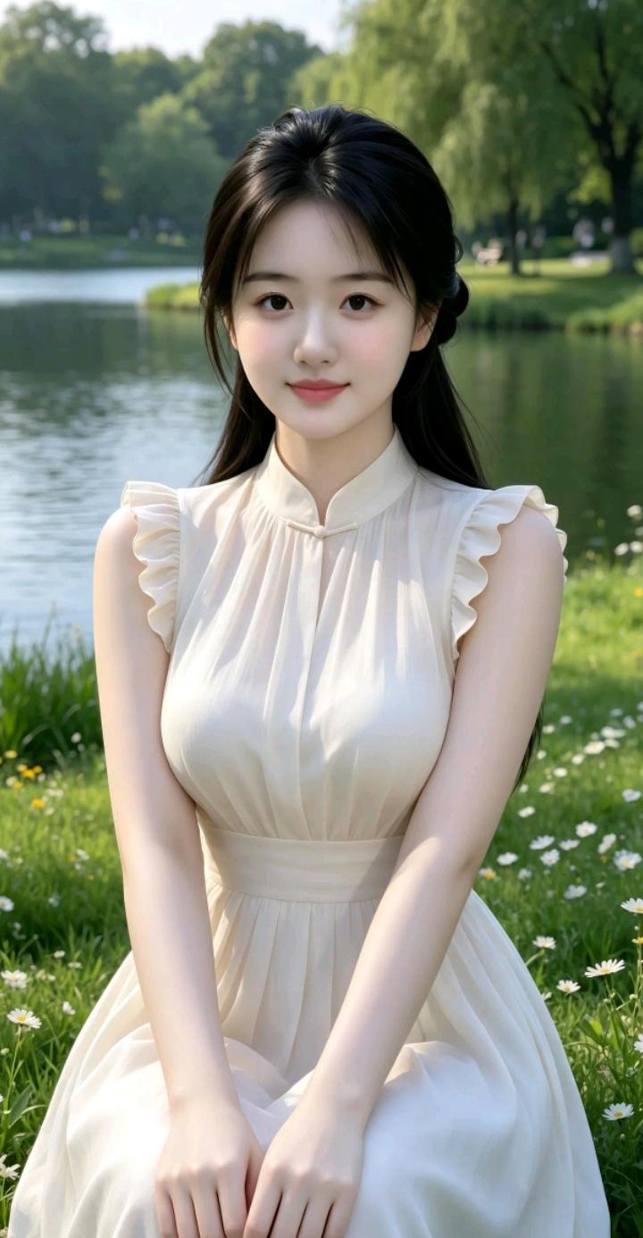 这位姑娘在湖边坐着，真好看！请问美女之美的魅力究竟何在呢？湖边美人景湖畔气质