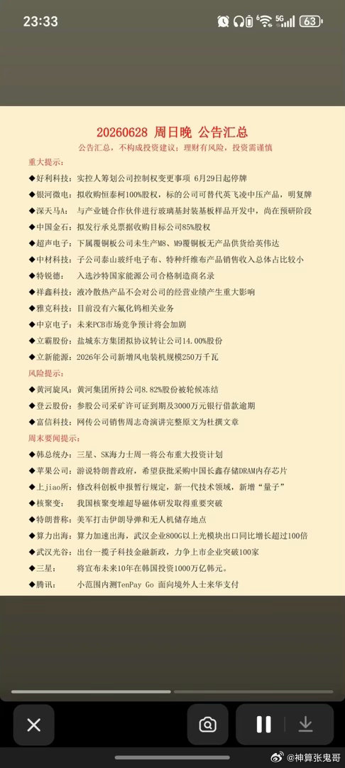 6.28周日晚间：财经热点+公司公告！27家公司发布公告。大科技方向，利好消