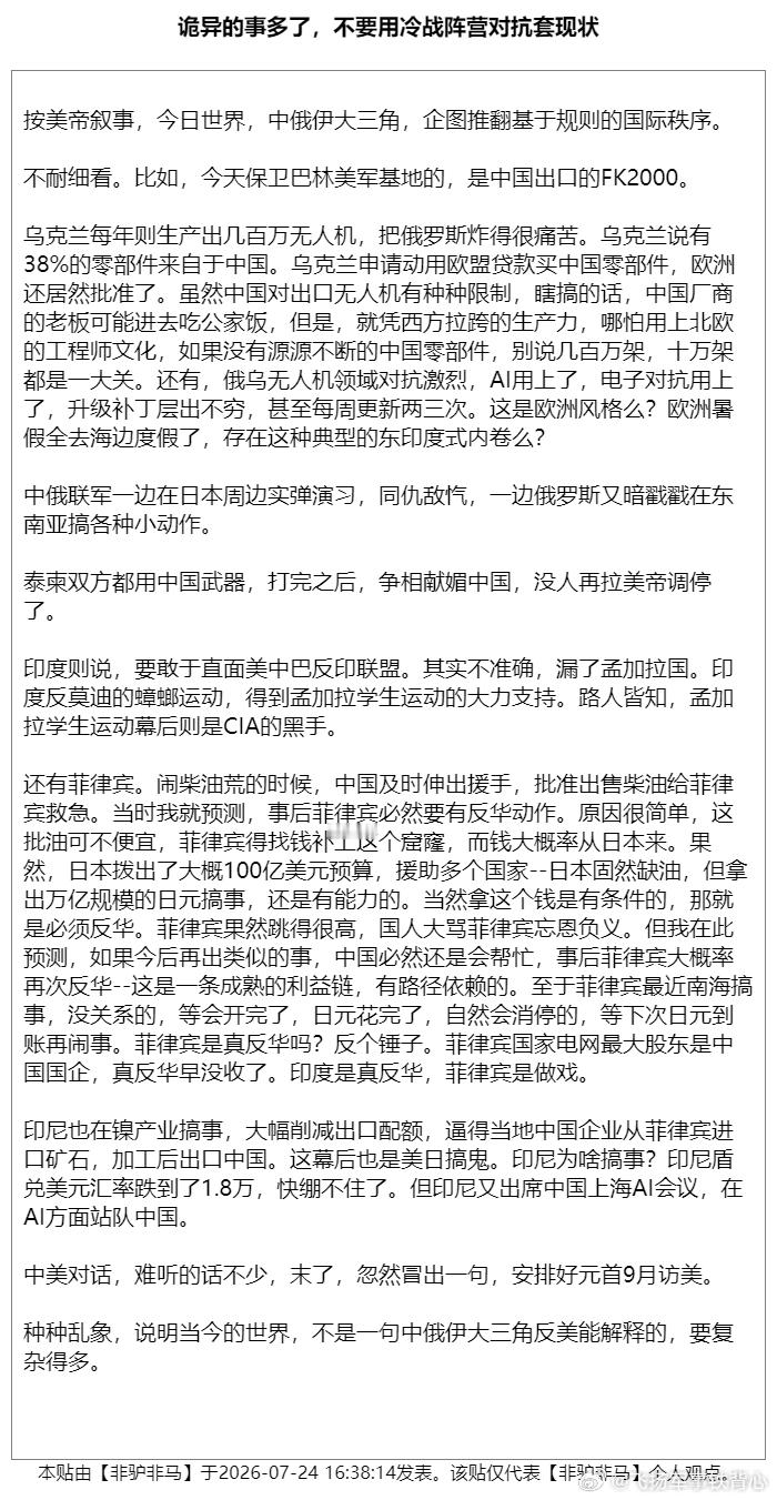 “诡异的事多了，不要用冷战阵营对抗套现状”