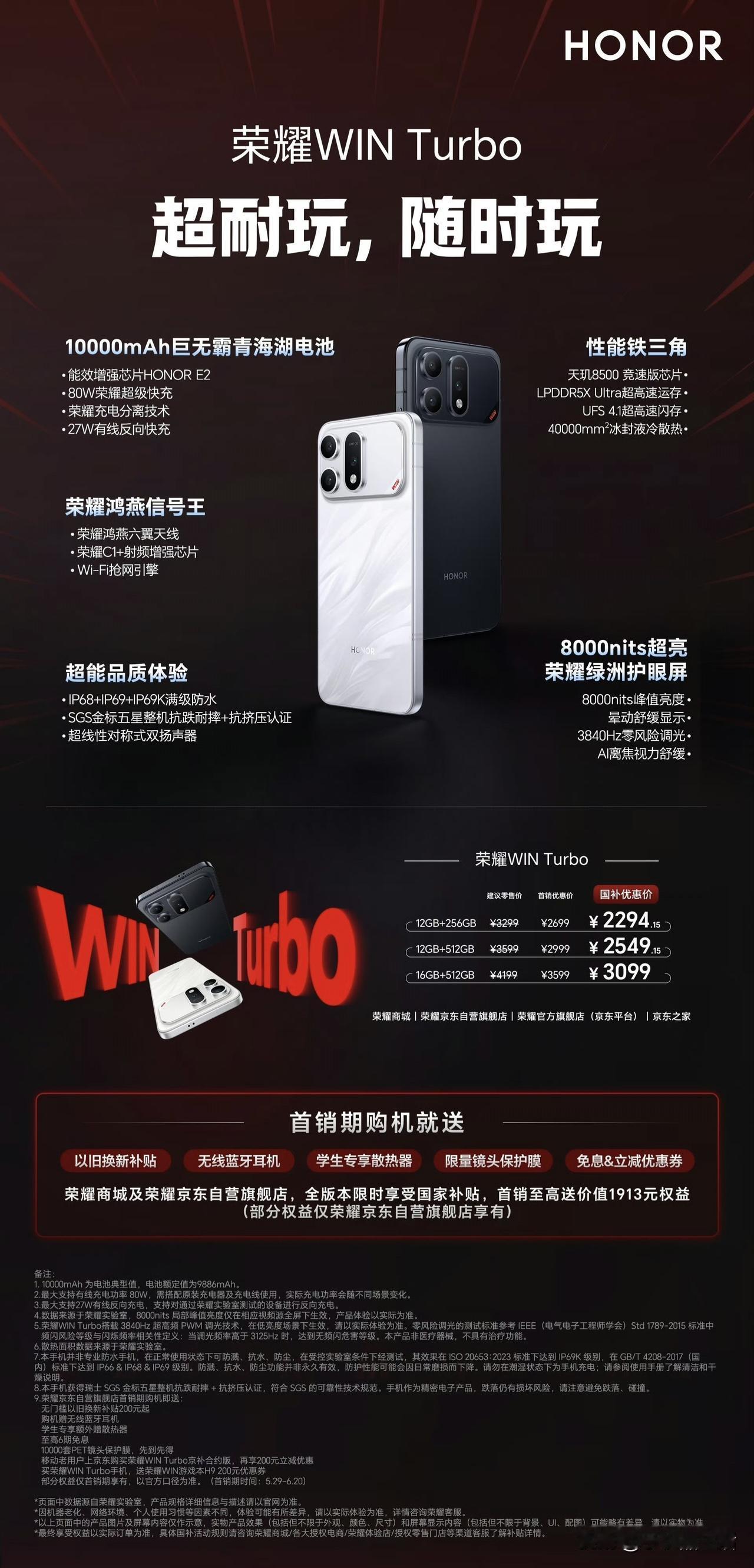 荣耀WINTurbo发布，售价2699元起！配置方面，采用6.79英寸的1