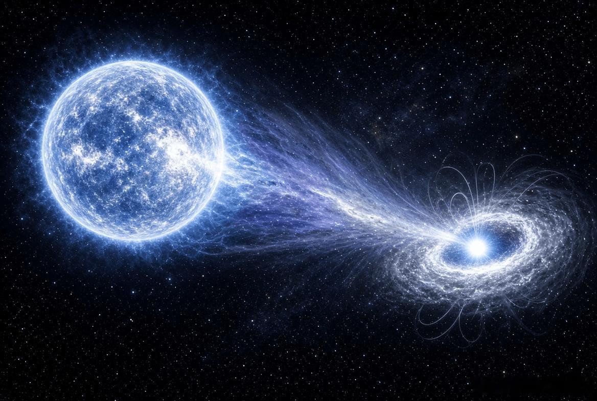 在双星系统BPCrucis中，这颗巨星不仅仅在脉冲星旁边发光。它在喂养它。恒星