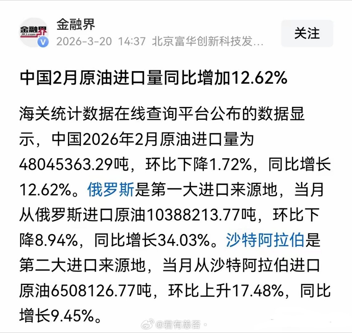 俄罗斯还是比较给力的。咱们2月购买的原油按照来源来看，大毛占比达到了21％，同比