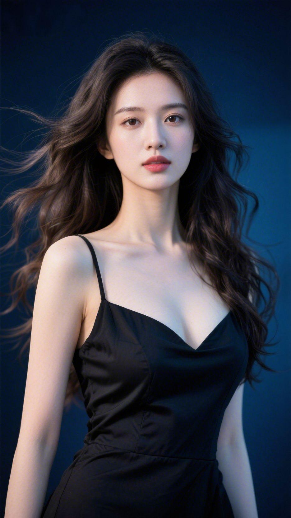 暗境里的柔润光深靛底色像浸了夜的静，她立于光影之间，像把温软揉进了暗调里—